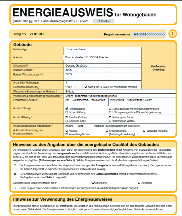 Seite 1 eines von uns ausgestellten Energieausweises nach amtlichem Muster